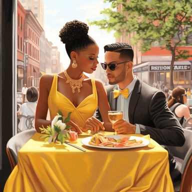 hyper clipart, realistic, surrealism, A gorgeous face Black woman, sitting outside of the restaurant in NYC, The table is yellow floral, there a white flowers as the centerpiece on the table. She is dressed in a classy elegant yellow dress suit her hair is up in a bun, Her husband is sitting across from her, He has on a elegant blue suit. The sky is beautiful blue . the background scene has tall buildings like in NYC 24k Sharp