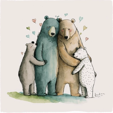watercolor and ink drawing of a portrait of a family of four bears, one mom bear, one dad bear, two baby bears, clipart, embracing each other, cute pose, cartoon, doodle, happy, smiling, beautiful watercolor ink wash coloring, thick pencil lines, quentin blake, Adrian tomine, popular on etsy, watercolor illustrations clipart, watercolor illlustrations for kids and children, book illustrations, plain white background