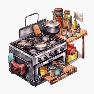 watercolor, camp stove - Clip art of a camping stove or cooking gear. png Full body realistic cartoon in 32K UHD cute. 15 cm thick outline. Black color. There was no shadow on the ground. 8k with realistic watercolors and detailed illustrations. PNG clipart, transparent white background