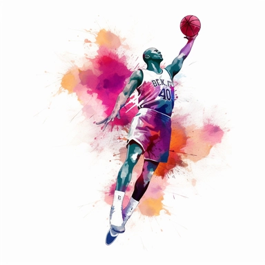 A dynamic and thrilling watercolor clipart of Michael Jordan in mid-air, executing a spectacular dunk with finesse and style. The artwork should feature bold and vivid colors that add to the energy and excitement of the piece, and be illuminated by bright and dynamic lighting that captures the intensity of the moment. Simple, vector illustration, clipart, white background.