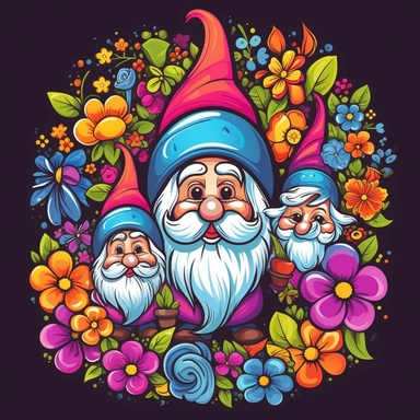 gnomes in spring, floral, colorful, clipart, vector image, black outlines, trending on artstation, isolated white background,