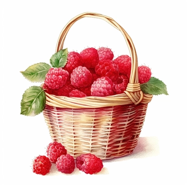 picturesque, simple, bright, the best simple Assorted raspberry in a basket in the world, clipart on white background, watercolor, painted by Beatrix Potter, 8k