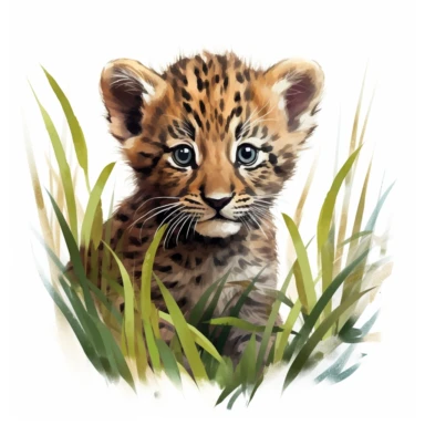 cute leopard cub, peering out from behind tall grass, ready to embark on an adventure, bold colors, clipart, on a white background