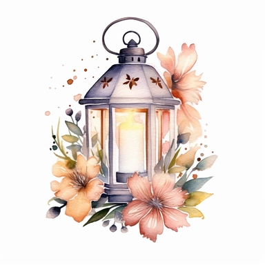 A watercolor clipart showcasing a lantern filled with twinkling fairy lights, surrounded by floral elements, evoking a magical and ethereal cottagecore ambiance , minimalist ,isolated white background,8k