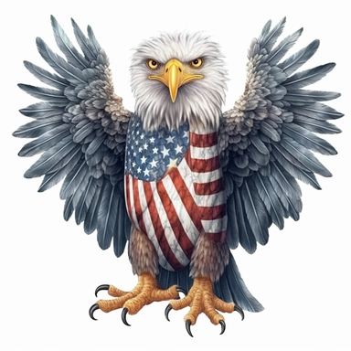 digital clipart, solid white background, a realistic martial flying eagle wearing 4th July apparel