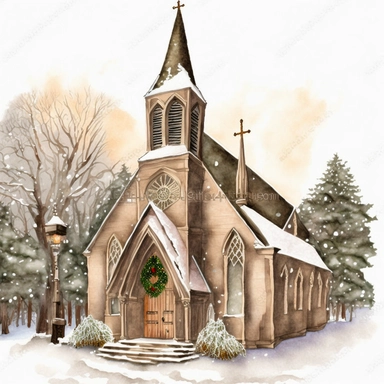 christmas wedish church, clipart, watercolor, white background, style of Inga Moore