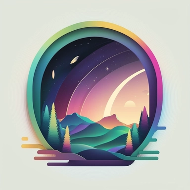 logo, geometric frame, vector, clipart, modern, northern lights, planets, outer space, cartoon, clean lines,