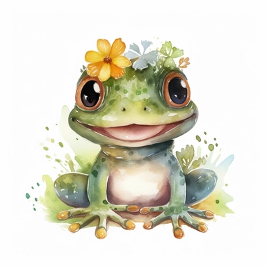 Cute happy smiling frog, clipart with watercolor illustration, cartoon style, flowers on head, smiles, childish, disneyartwork, high solution, white background