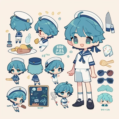 character sheet, knoling, clipart, inventory catalog, cute chibi character, light blue-green hair, long hair, long bangs, blue-green eyes, flat chest, beautiful young boy, sailor, blue shorts, dark blue socks, whale , soda, sandwich, ?