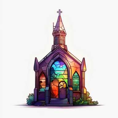 a little cartoon church, pixar, clipart, stained glass windows, cross on top, blank background, sharp lines, 8k
