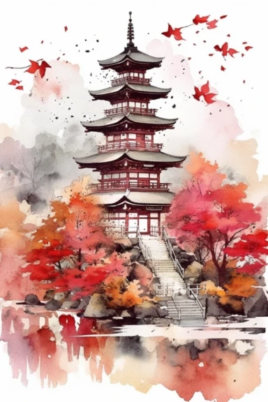 Watercolor Japan landscape, wonderful nature, very vivid colors, highly detailed drawing, white background, clipart, colorful, highly detailed, HD