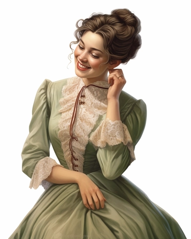 detailed smiling beautiful lady , dressed in a sage victorian vintage dress fixing hair, hyper realistic, 8k, isolated on white backgorund, clipart