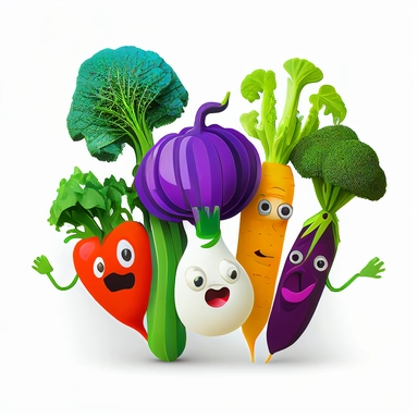 a leek, an eggplant, a bell pepper, a broccoli, a carrot, an onion, all alive, happy, taking a selfie, white background, clipart, vibrant colors, sticker