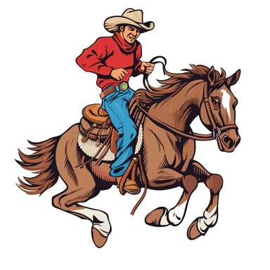a cowboy wearing a red shirt blue jeans and tan cowboy hat, riding a bucking bronco, clipart,