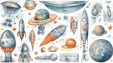 A whimsical cute space - themed cartoon clipart collection featuring rockets, planets,astronauts, and stars in shades of blue, orange, grey, and white on white background with margins, watercolor, sprite sheet, 2d, icon, sticker art