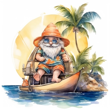 gnome sailor on yacht in Hawaii beach outfit, vibrant color, clipart, watercolor illustration, white background