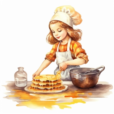 vintage adorable little girl dress as chief making pancakes, clipart style, watercolor technique, super high quality, professional watercolor clipart, high resolution