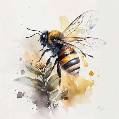 Envision a charming watercolor clipart capturing the essence of a honey bee. The bee is portrayed with delicate brushstrokes, showcasing its vibrant yellow and black stripes, as well as its translucent wings in graceful flight. The watercolor technique adds a touch of softness and depth to the artwork, with gentle blends of warm yellows, earthy browns, and hints of shimmering gold. The bee is depicted in a natural setting, surrounded by blossoming flowers painted with lively, vivid colors, refle