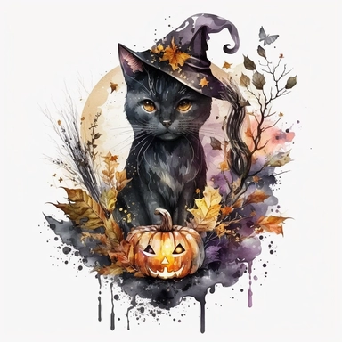 Watercolor black witch cat Halloween clipart, pumpkin, autumn season, Watercolor Sublimation design, white background