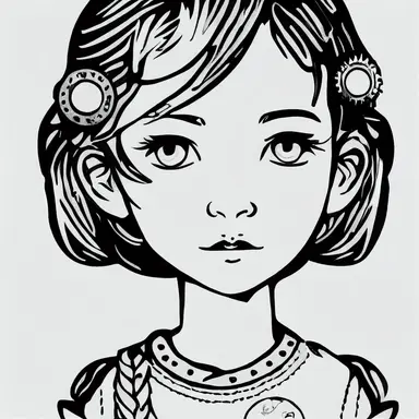 simple drawing, 1 , 1bit, 1 white steampunk little girl, 1 sticker art, 1 color by numbers, 1 coloring page for adults, 1 , printable outlined artwork, 1 coloring book page, 1, line art, 1 white backdrop, crisp lines, vector image, svg style, clipart style,