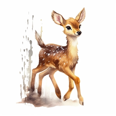 an adorable Deer baby prancing in the style of watercolour clipart with detailed brush strokes
