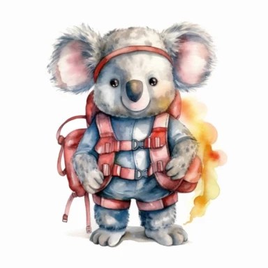Create an inspiring watercolor clipart image with a white background, portraying a courageous cute cartoon koala firefighter with a backpack and rope