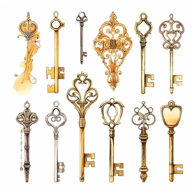 assorted gold keys inspired by Alice in wonderland watercolor illustration, design elements isolated on white background, vintage clip art - Image #4 <@1098423716465102849>