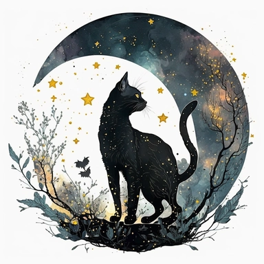 a skinny pagan black cat in front of big starry sky portret, clipart, moon, watercolors, white background, stars, planets, galaxy, magical, ornaments, little golden stars, full body, pictorial space, sparky, golden glitter, use Cool Color Palette, celestial symbols, roots, branches, flowers, circle of universe in the background