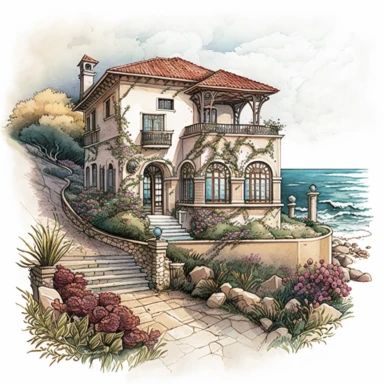 A rich color watercolored pencil painting of a seaside Mediterranean home in the style of Octopath Traveler, clean lines, intricate details, realistic, clipart, white background, png,