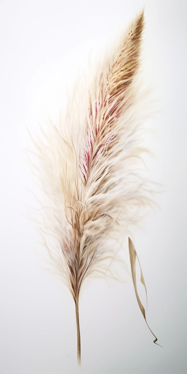 Watercolor Painting of SINGLE STEAM Pampas grass FLOWER on white background beautiful multi - headed pale, Flora Design Patterns, Flemish Baroque by Rachel Ruysch, Behance, Rococo, Intricate Detailed, Soft Light Effect, Oil Paint Strokes, Light Academia Aesthetic Flowers, Lighting cinematic, all shown shimmering stamens, tyndall light, light effect, texture, colorful, 8k, fantasy, ray tracing, depth of field, vivid, spectacular lighting, octane rendering, highly detailed, ultra - realistic, whit