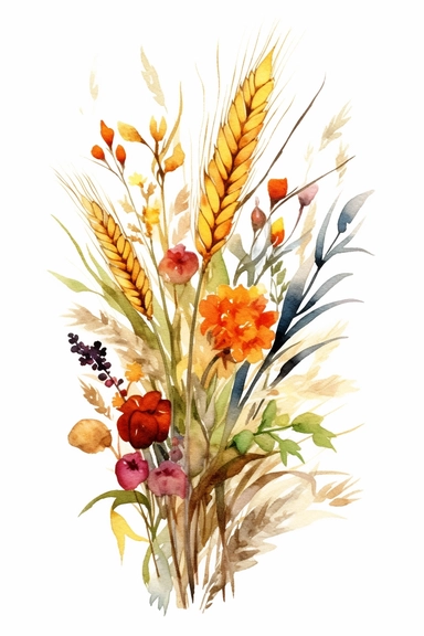 watercolor different grasses and cereal plants, solid background, clipart
