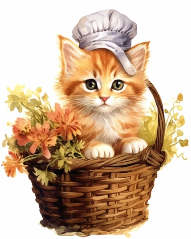 detailed watercolor Kitten in basket with cap , realistic, isolated on a white background, clipart