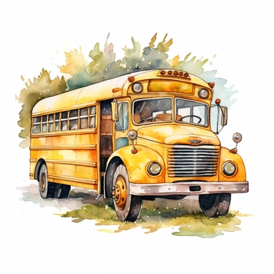 A clipart image of a watercolor school bus on a white background, showcasing the iconic yellow color and fun details.
