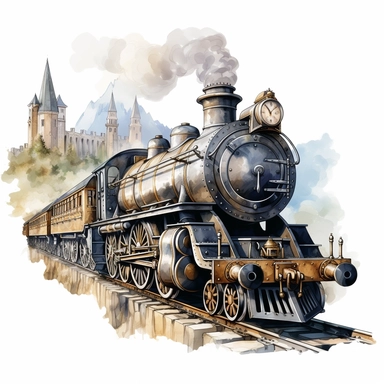 Hand drawn Vintage train head Hogwarts Express, no background, watercolor, witchcraft, magical mystery art, cartoon style, very detailed, 8k, clipart, no shadow, single design, print on demand image, PNG transparent, white background for removing background - - no text shadow font watermark