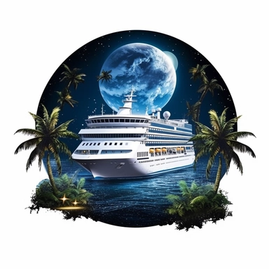 fantasy cruise ship in the moonlight, paradise island digital clipart on white background