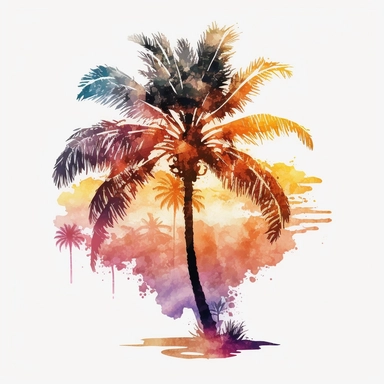 watercolor detailed palm tree on the beach with sunset in the back clipart, white background, no text
