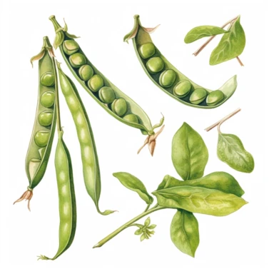 Clip art of pea pods whole and opened isolated on white background. Watercolor hand drawn illustration. Perfect for print, pattern, decoration healthy food, menu.