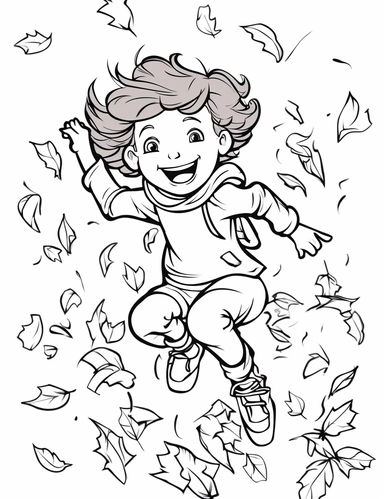 clipart cartoon a girl jumping in a pile of leaves in the style of Pierre-Auguste Renior black and white child's coloring book, black and white smooth thick lines, solid white background, no background