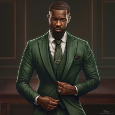 melanated skin, handsome, very detailed full portrait bodied images, airbrushed styled African American man, clipart, HD, hyper-realism, wearing elegant tailored dark green suit, very detailed, short haircut, well-trimmed beard, smooth skin, brown eyes, intricate, fantasy,