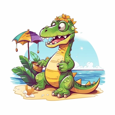 a foolish and cute dinosaur having fun at the beach , clipart style, white bg