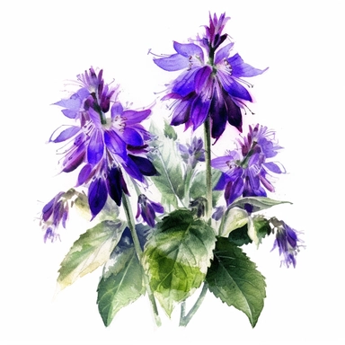 : [Digital] painting of purple borage flowers as a clipart with white background. A breathtaking painting that brings the beauty of purple borage flowers to life with bold brushstrokes and vibrant colors. The flowers burst forth from the canvas, each petal meticulously rendered to capture their delicate texture and exquisite hues. Against a clean white background, the flowers command attention, creating a sense of purity and tranquility. The composition follows the principles of balance and symm
