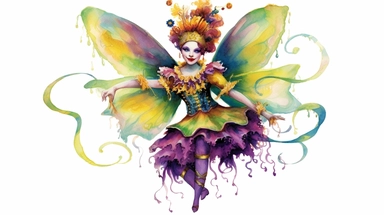mardi gras parade fairy, mardi gras color theme, green, yellow, purple, thick border lines, watercolor, clip art, spaced out, white background