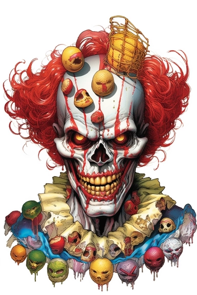 evil clown, white background, PNG, sharp white border, James C. Christensen, Butcher Billy, Jim Mahfood, clipart, clean border, white background