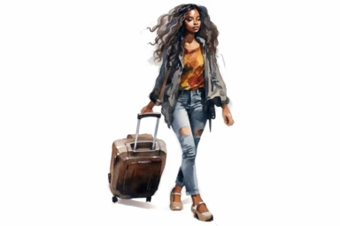 beauticul black womam with long hair, pulling luggage through airport, watercolor clipart
