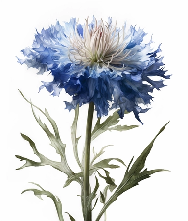 Watercolor Painting of single beautiful Bachelor's Button head FLOWER on white background Flemish Baroque by Rachel Ruysch, Behance, Rococo, Intricate Detailed, Soft Light Effect, Oil Paint Strokes, Light Academia Aesthetic Flowers, Lighting cinematic, all shown shimmering stamens, tyndall light, light effect, texture, colorful, 8k, fantasy, ray tracing, depth of field, vivid, spectacular lighting, octane rendering, highly detailed, ultra - realistic, white background, clipart