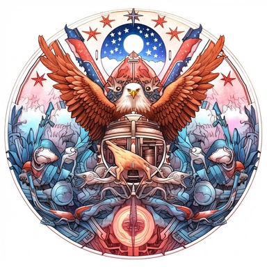 [army soldiers, bald eagles, american flags, patriotic, fantasy, lightning, fire, stained glass, planets, nebulas, stars, mushrooms, roses, biomechanical, occult, sacred geometry] inverted triangle clipart design, lines, lineart, very detailed, hyper detailed, white background, white background