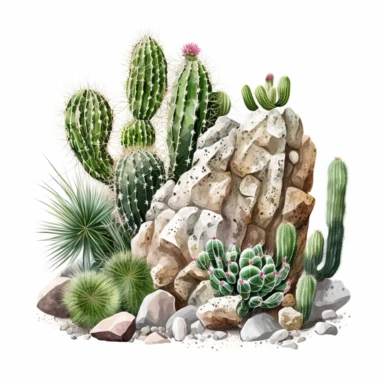 Cactus with thorns and stones mexican green plant with spines and rocks , Sublimation Clipart, on a white background