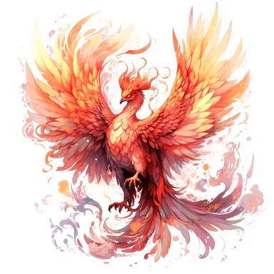a fairy phoenix with glowing red lights on his eyes, fantasy creatures, watercolor, manhwa character design, master of flames, dark red and light yellow, orange, anime aesthetic, clipart, on white background,