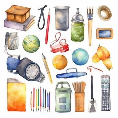 Watercolor set with school and office supplies and tools. Backpack, globe, pencil, ruler, notebook, lunch, scissors, eraser, brush, medal, paper, bell, ball, soccer, numbers. Elements for decorations. Clip art