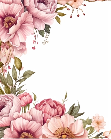 detailed watercolor rectangular pink peony flower border with line and with wide middle white space, realistic, clipart